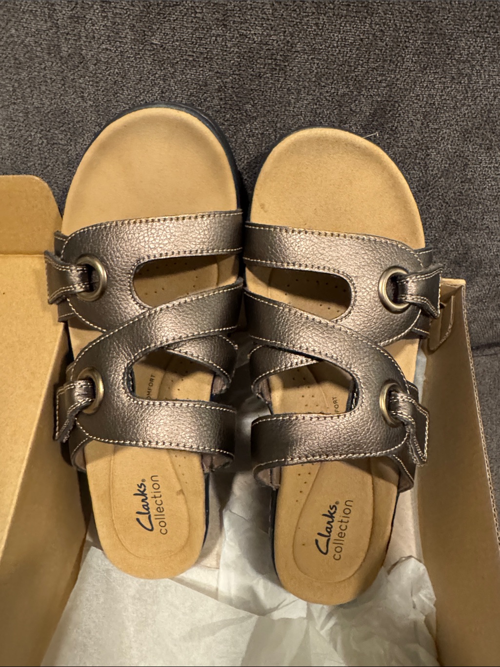 Clarks Metallic Bronze TripleStrap Slide Sandals